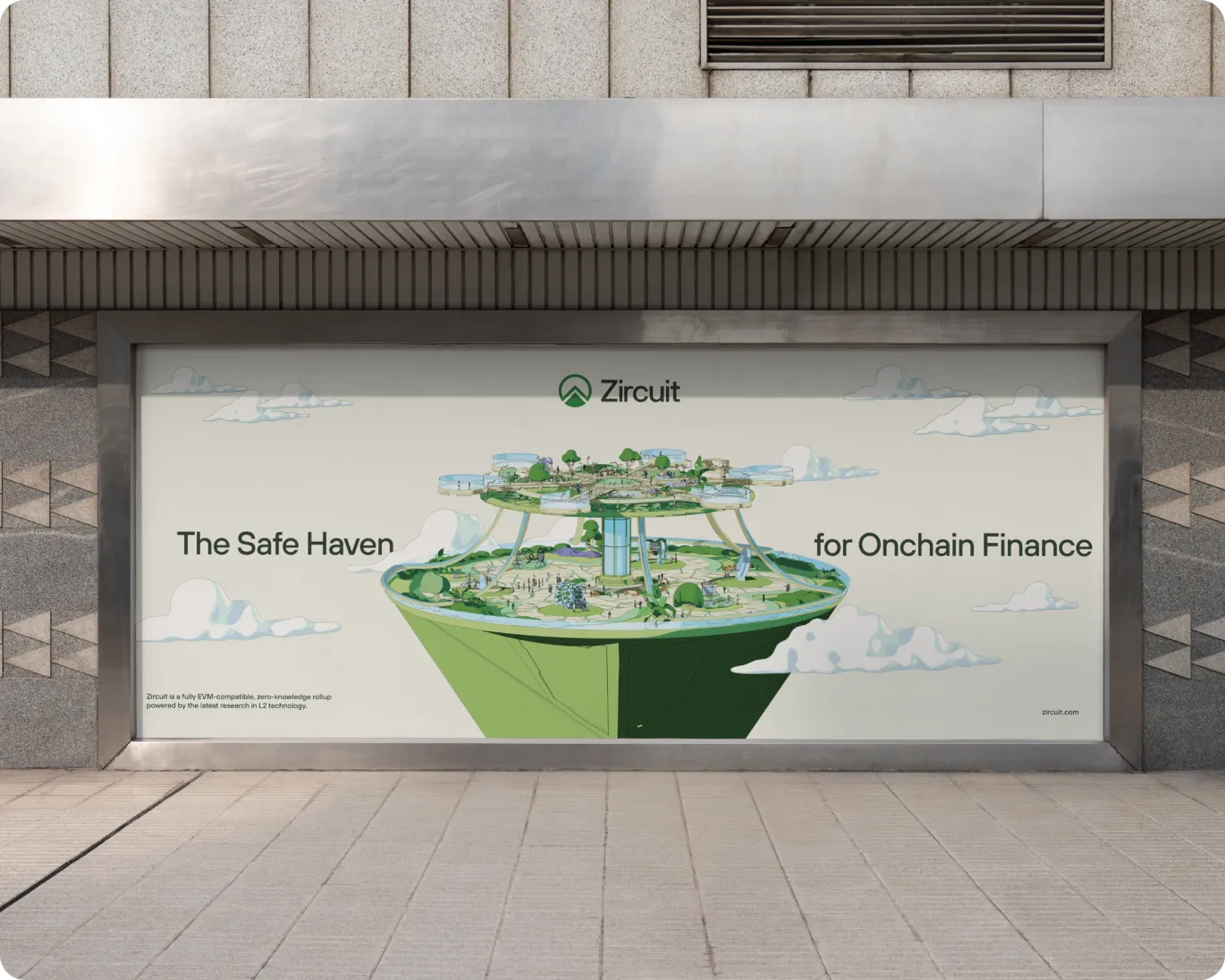 Billboard with green futuristic floating island and text 'The Safe Haven for Onchain Finance' promoting Zircuit.