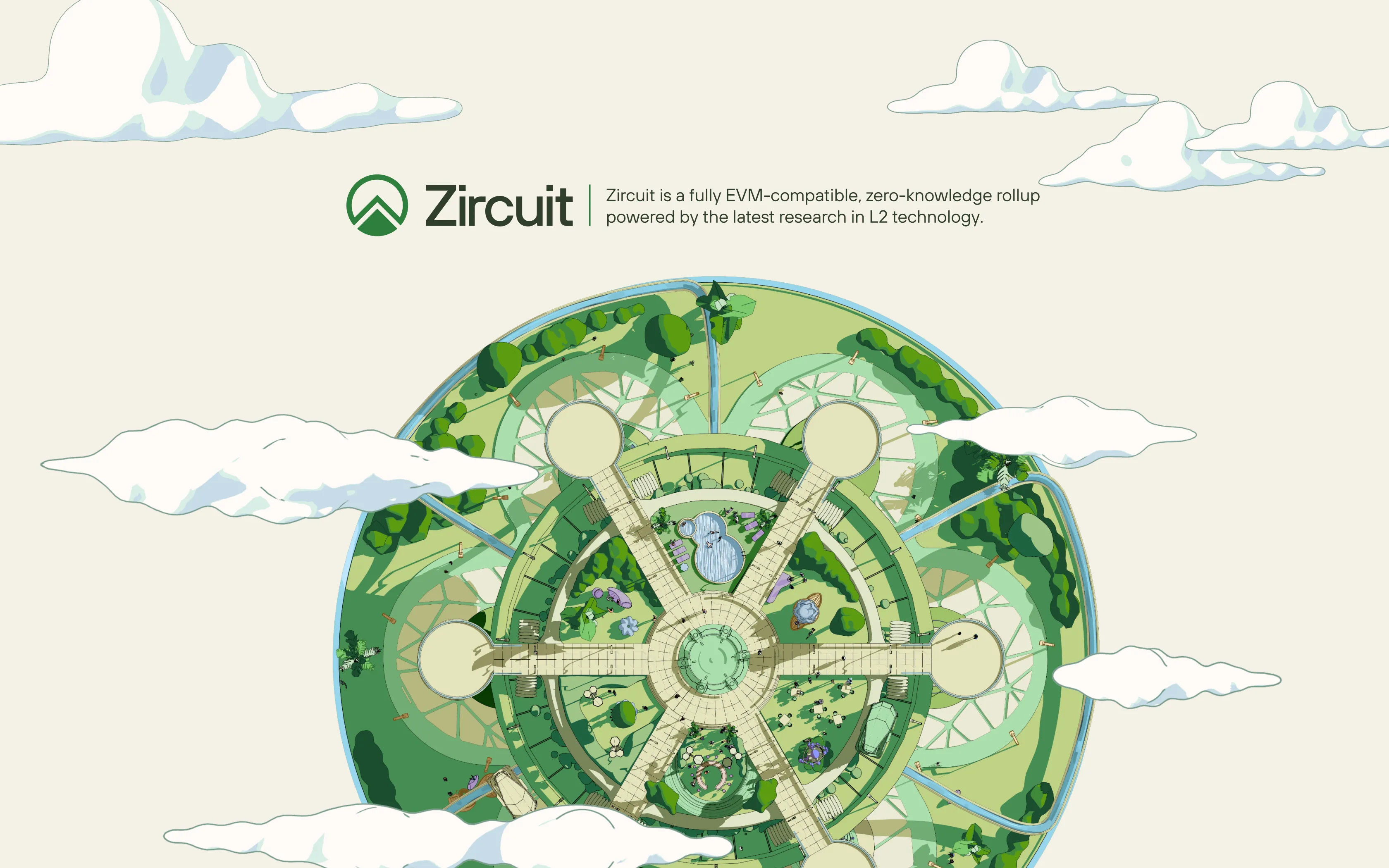 Top-down illustration of a circular green park with pathways radiating from the center, surrounded by trees and clouds.