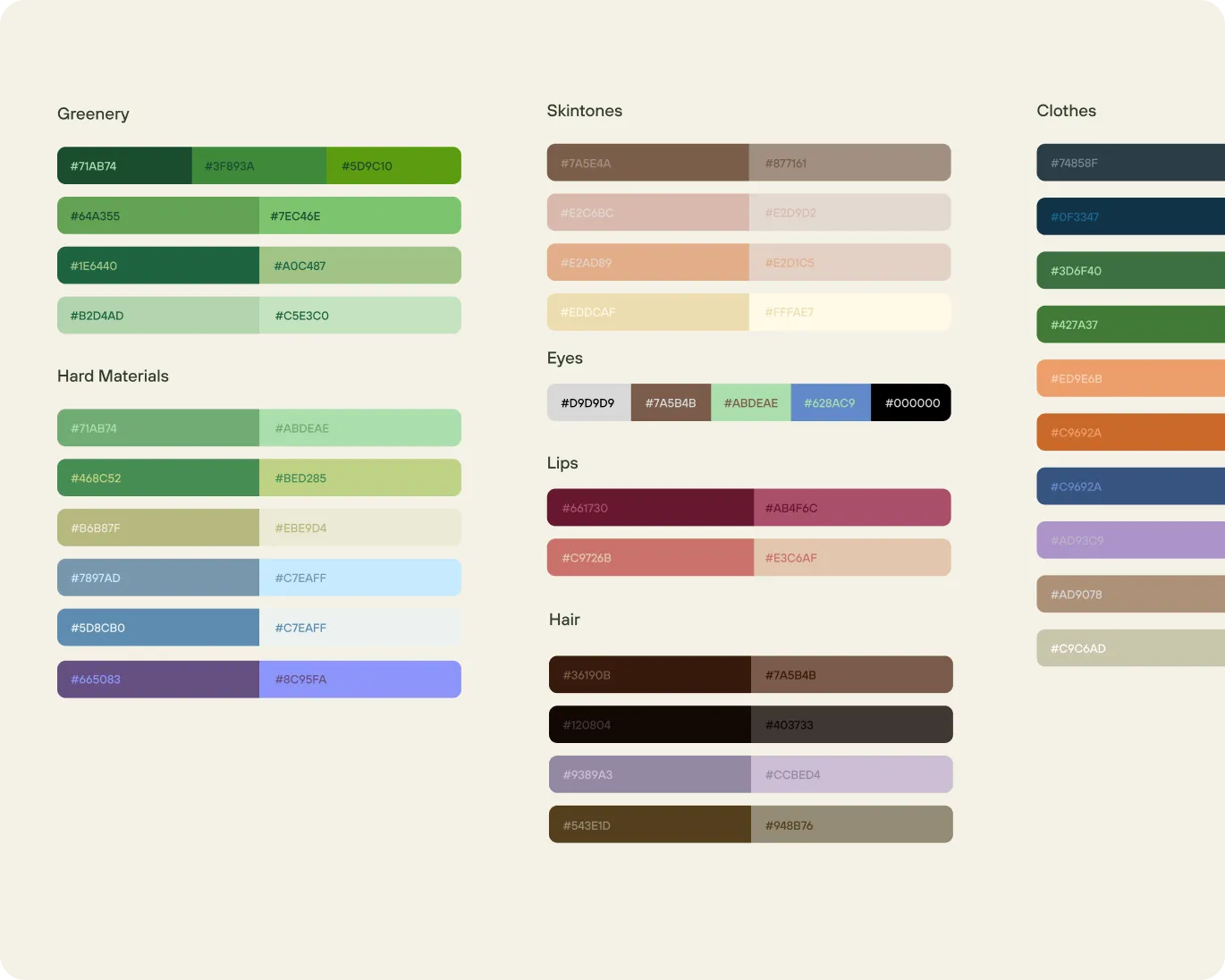 Color palette chart with hex codes organized in categories: Greenery, Hard Materials, Skintones, Eyes, Lips, Hair, and Clothes, showing various shades of green, brown, blue, pink, purple, and other colors.