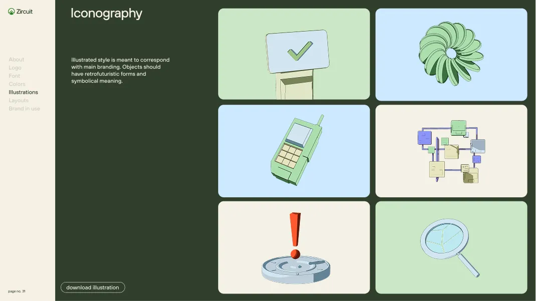 Illustrated icons in retrofuturistic style showing a checkmark on a stand, a spiral turbine, a vintage mobile phone, a flowchart with connected blocks, an exclamation mark over a circular base, and a magnifying glass over a pie chart.