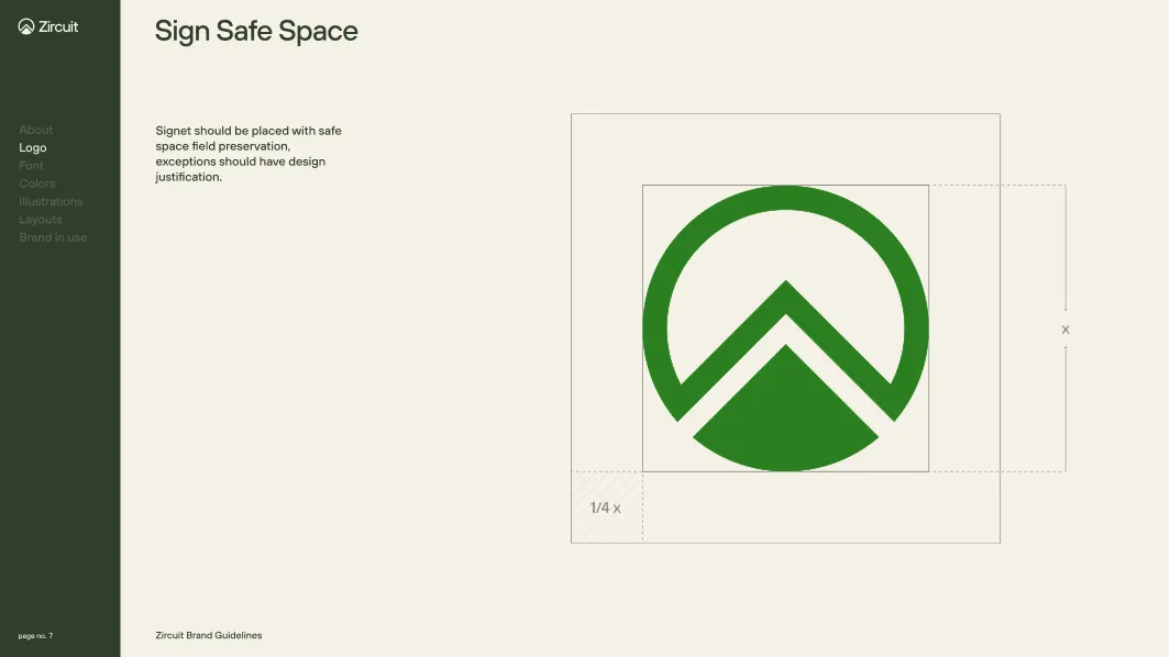 Zircuit logo safe space guidelines showing a green circular logo with a mountain shape inside and recommended clear space around it.