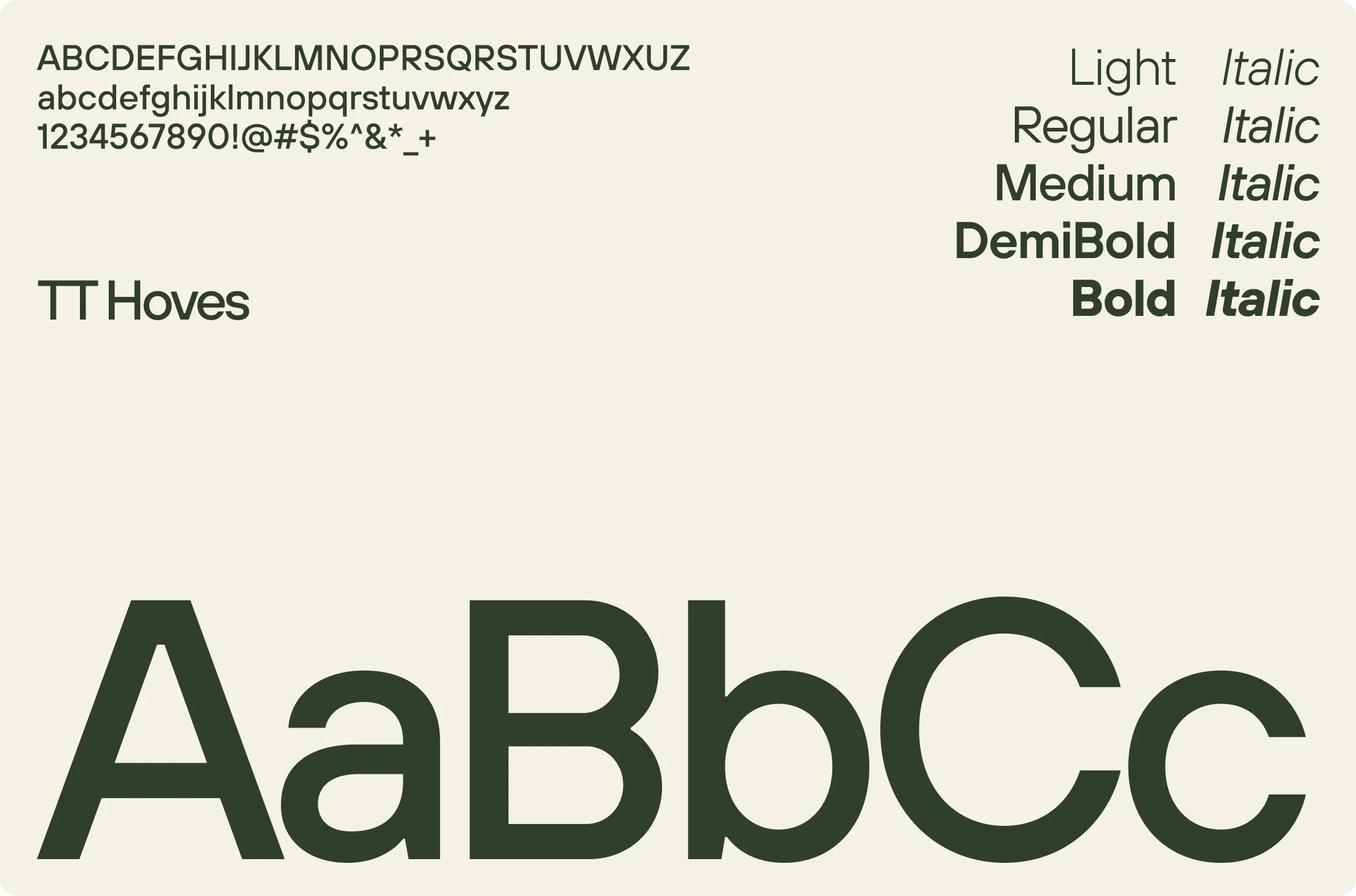 Sample of the TT Hoves font showing uppercase, lowercase, numbers, symbols, and five font weights with italic styles on a light background.