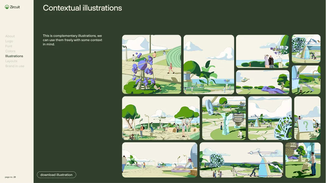 A collection of colorful, stylized park and outdoor scenes featuring people interacting with modern sculptures and greenery.