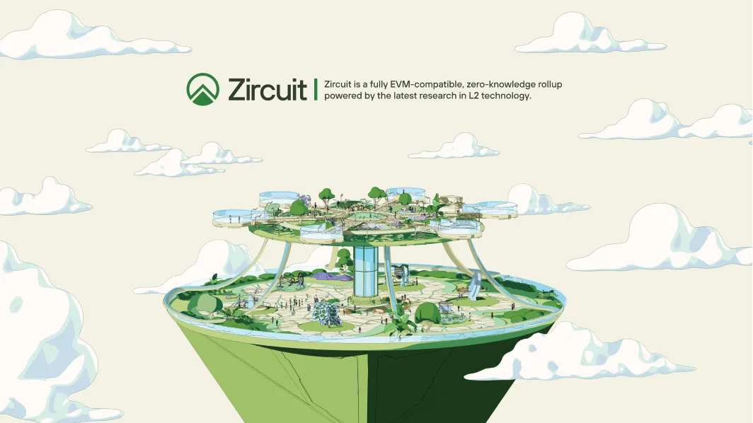 Illustration of a futuristic floating platform with greenery and buildings, accompanied by Zircuit logo and description of Zircuit as an EVM-compatible zero-knowledge rollup powered by L2 technology.