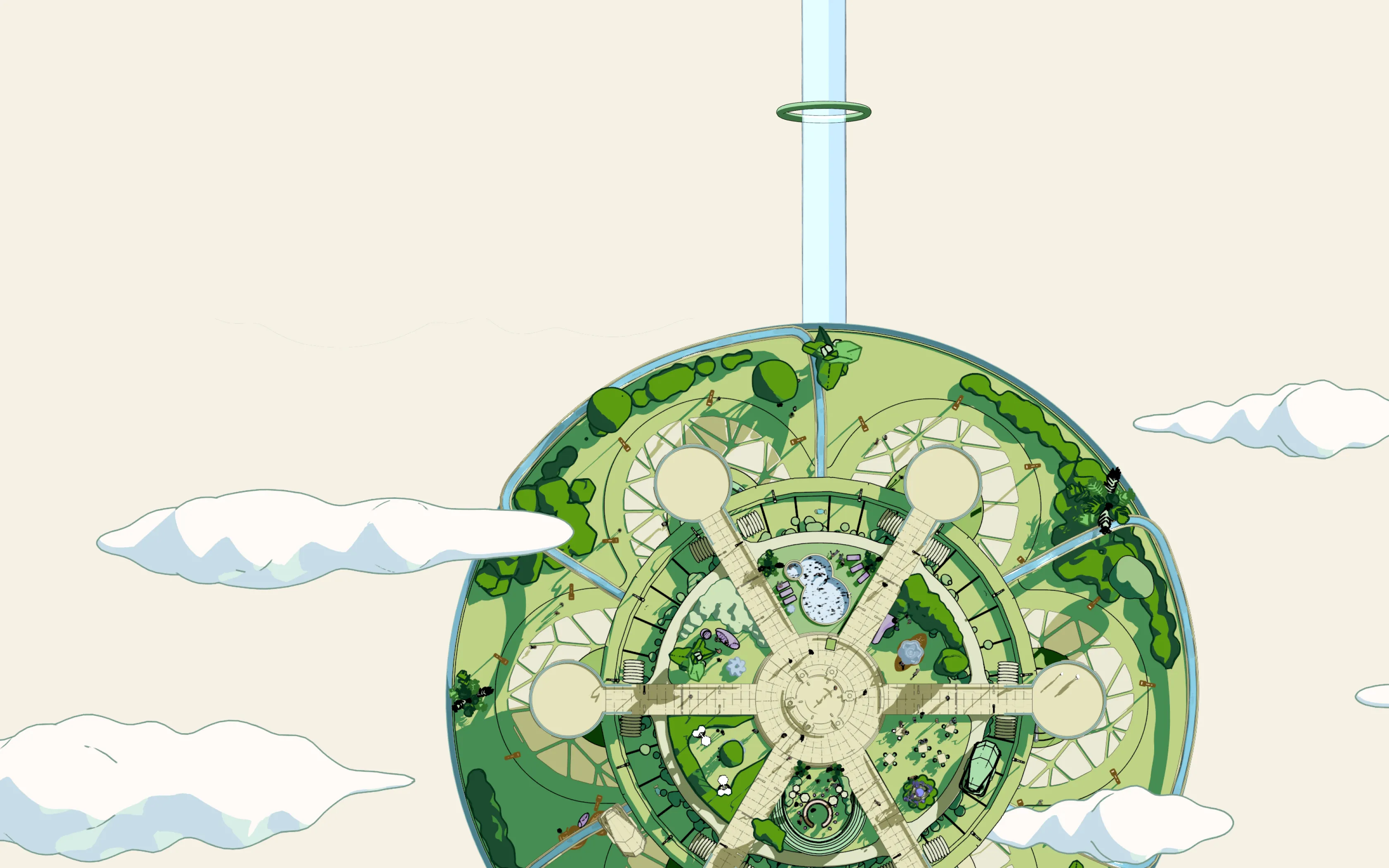 Top-down illustration of a circular park with green pathways, trees, benches, and a central fountain, surrounded by light clouds.