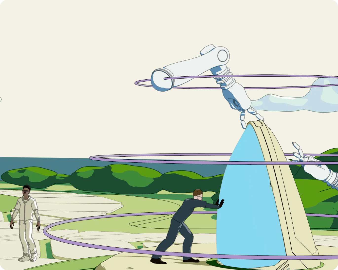 Illustration of two people interacting with a large sculpture or object surrounded by robotic arms and purple rings in a park-like setting.
