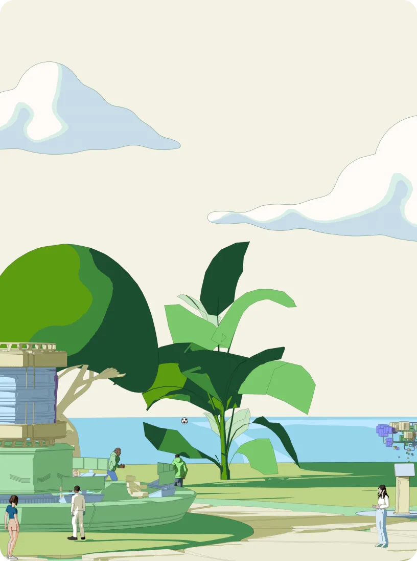 Illustration of a park-like area with large green plants, trees, clouds, and five people standing or walking on light green grass near a body of water.