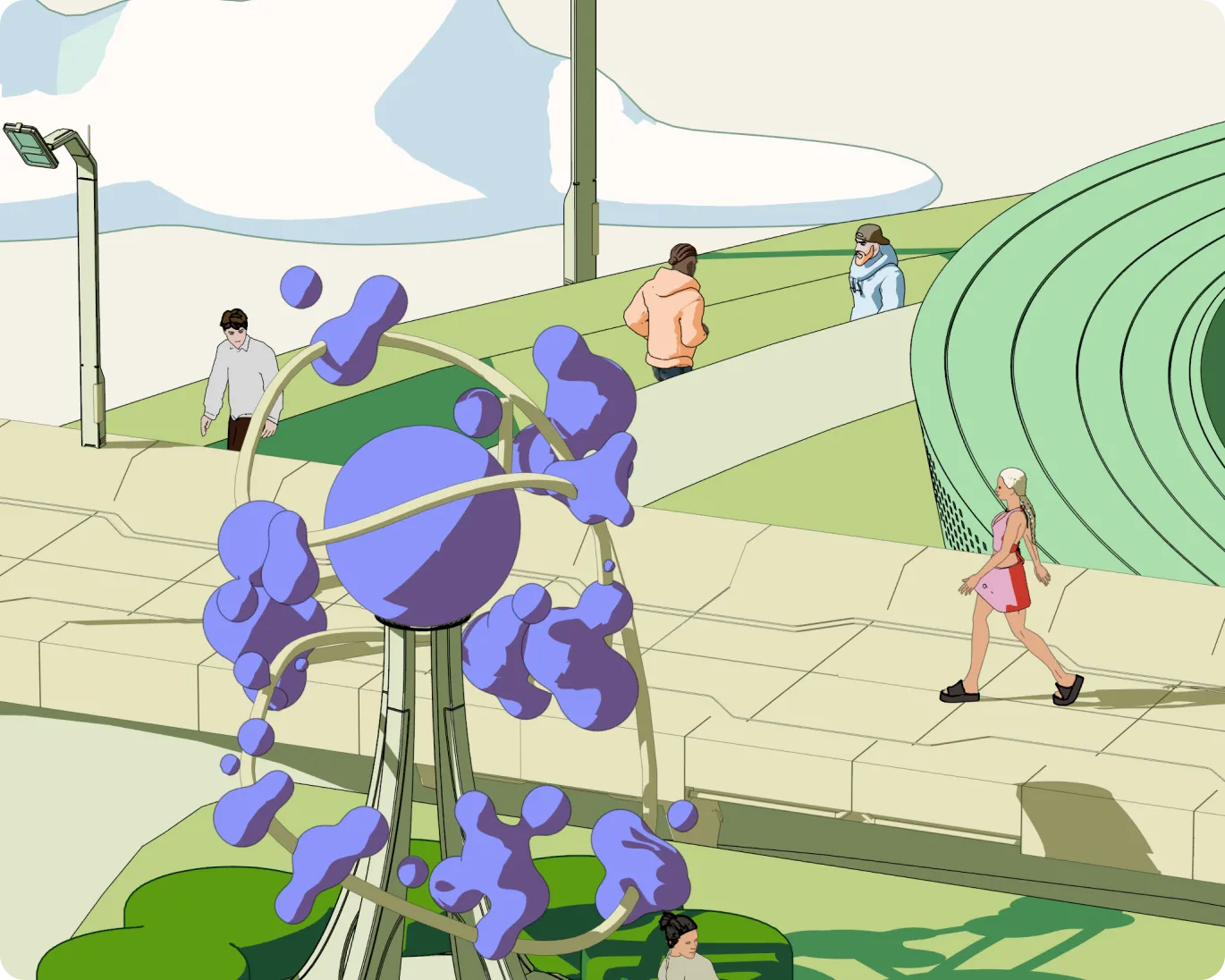 Illustration of people walking near a futuristic sculpture with purple orbs and rings in an open plaza with modern curved architecture.
