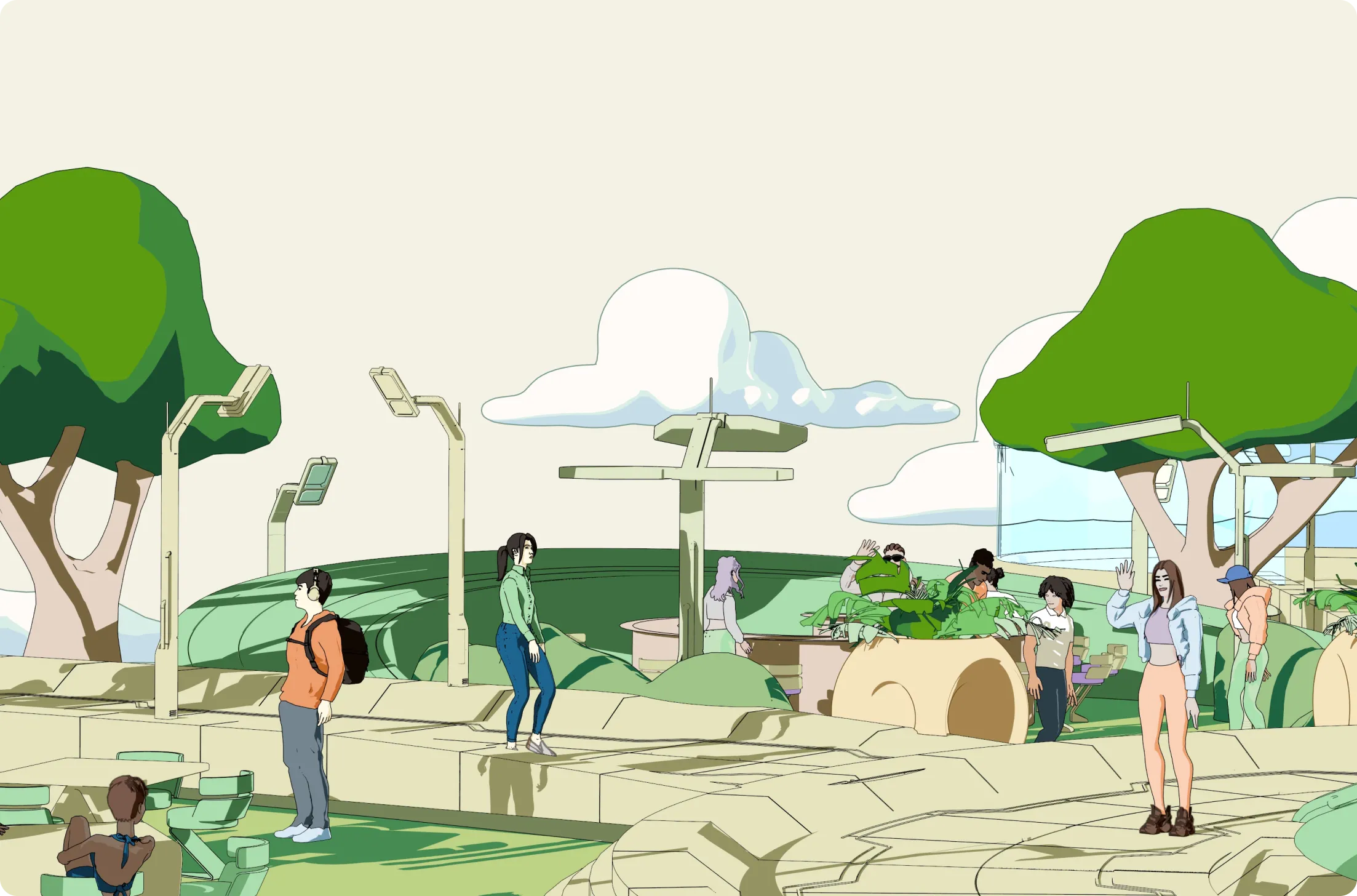 Illustration of diverse people interacting in an outdoor park setting with trees, modern light posts, and seating areas under a partly cloudy sky.