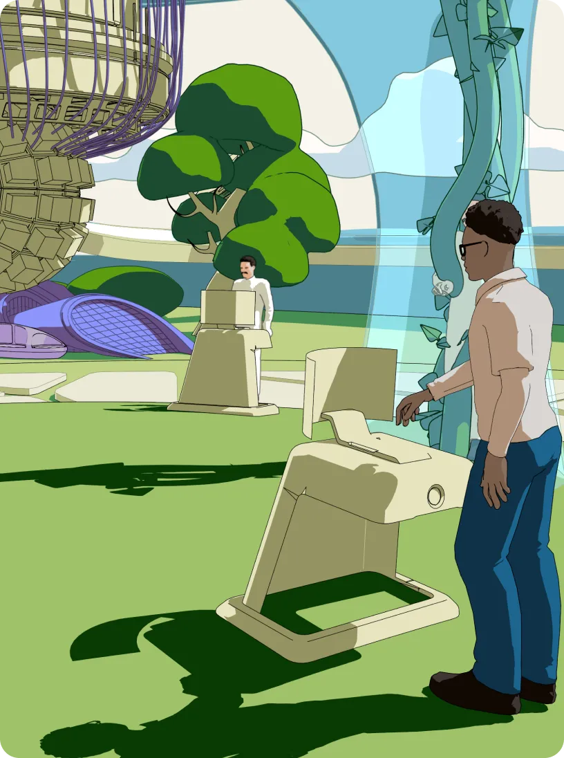 Two men interacting with futuristic computer stations in a spacious indoor area with green flooring and large plants.