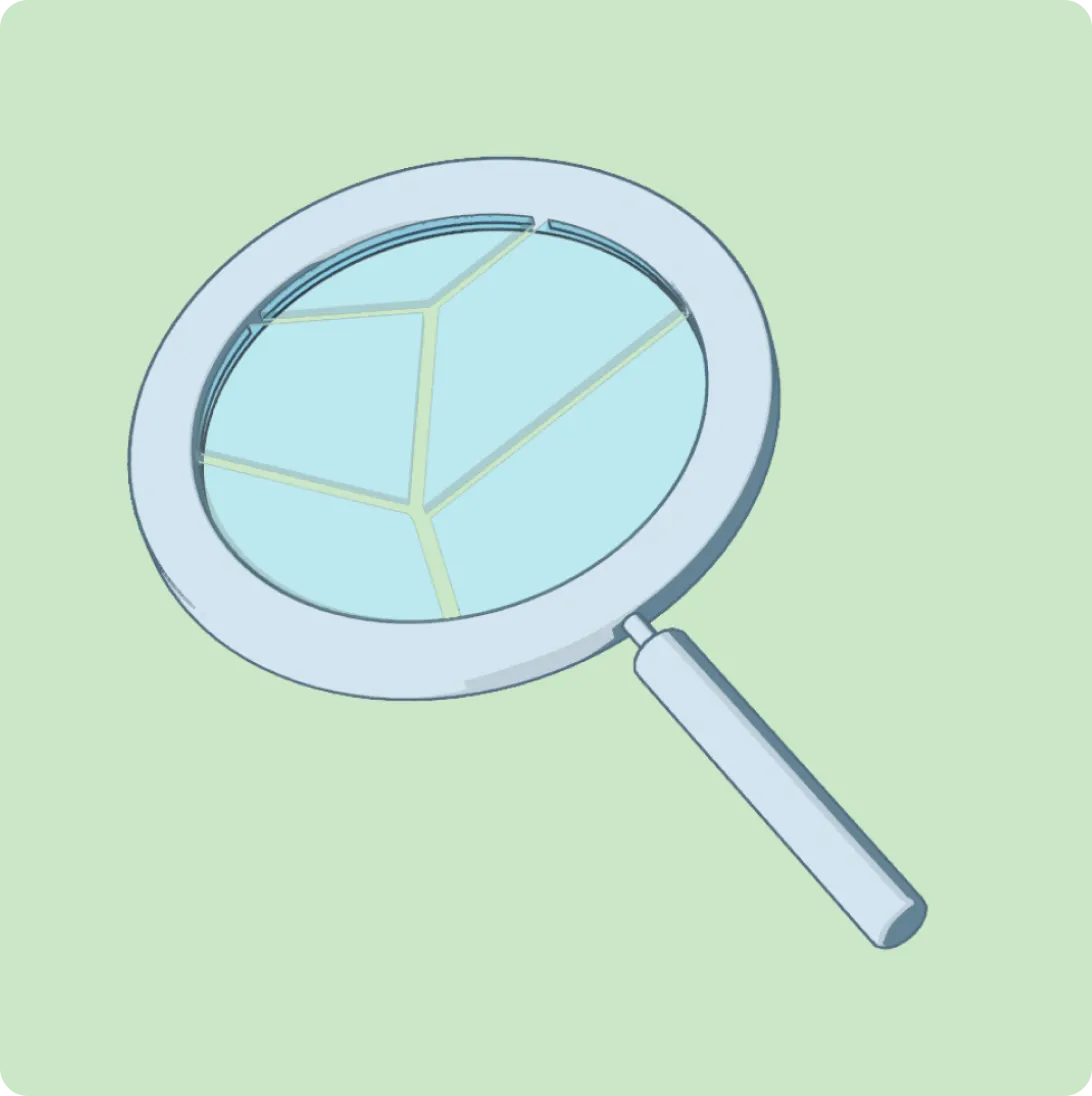 Illustration of a magnifying glass focusing on a simple network or connection diagram with three nodes.
