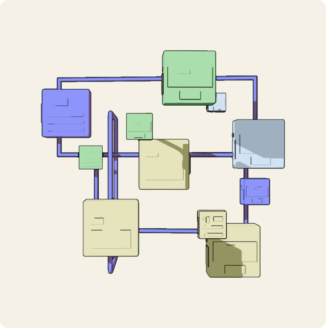 Abstract 3D graphic of interconnected multicolored cubes linked by purple rods on a light background.