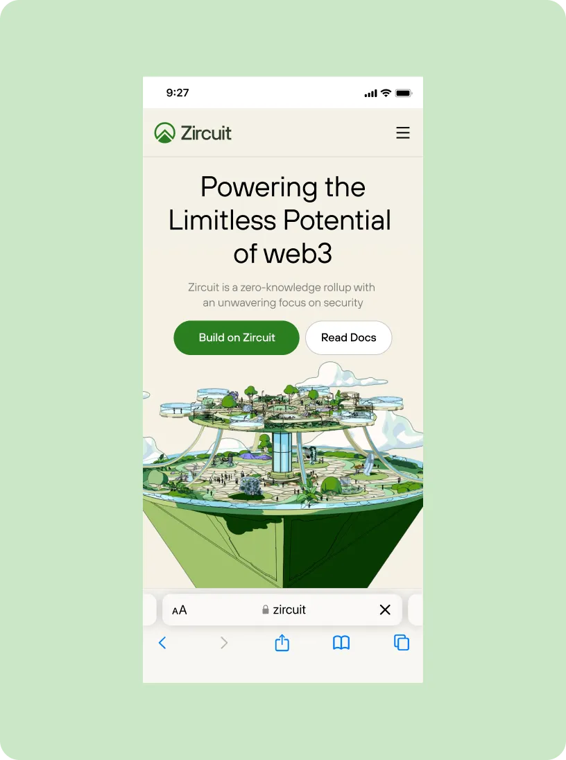 Mobile screen showing Zircuit webpage with text: 'Powering the Limitless Potential of web3' and buttons for 'Build on Zircuit' and 'Read Docs' above a futuristic floating platform illustration.