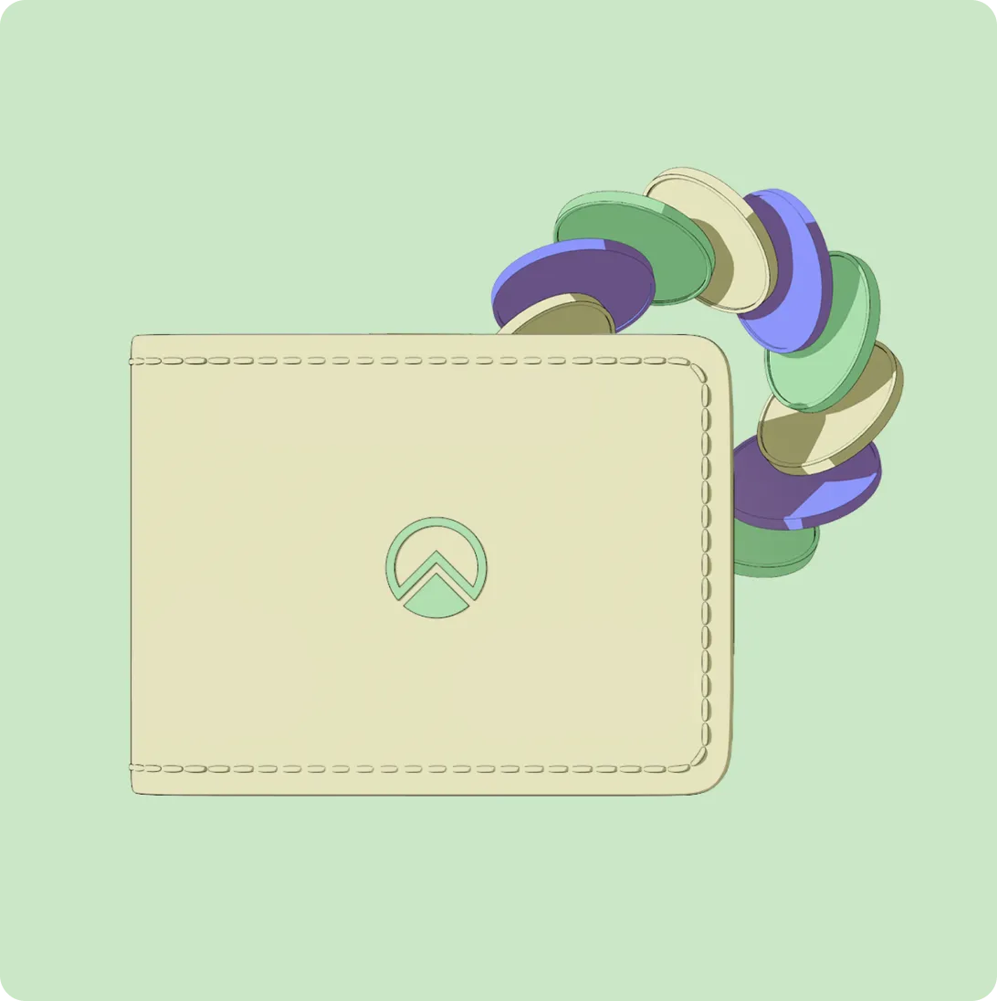 Illustration of a beige wallet with a circular pattern of purple, green, and cream coins emerging from it on a light green background.
