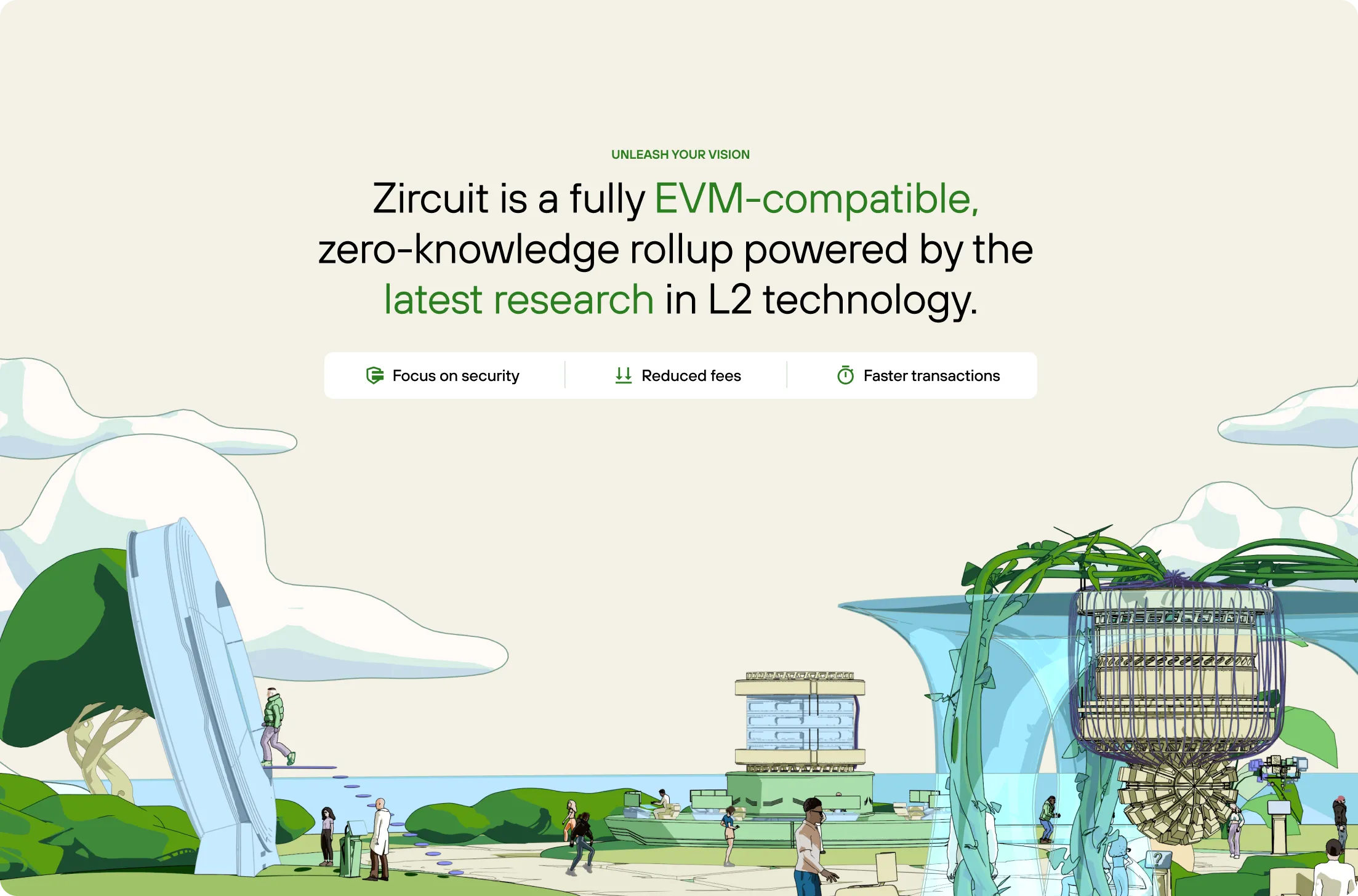 Illustrated futuristic landscape with people walking around a technology-themed park and text stating Zircuit is an EVM-compatible zero-knowledge rollup using latest L2 research.
