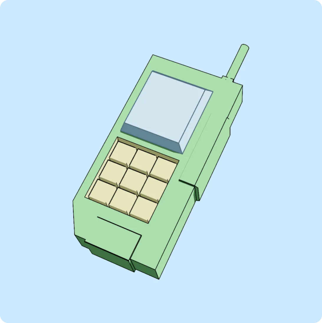 3D illustration of an old-fashioned green mobile phone with a small screen and numeric keypad.