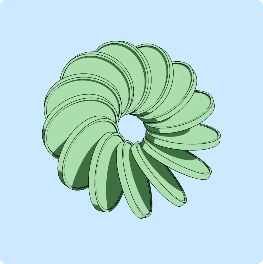 3D green torus-shaped object with evenly spaced curved segments resembling a twisted ring.