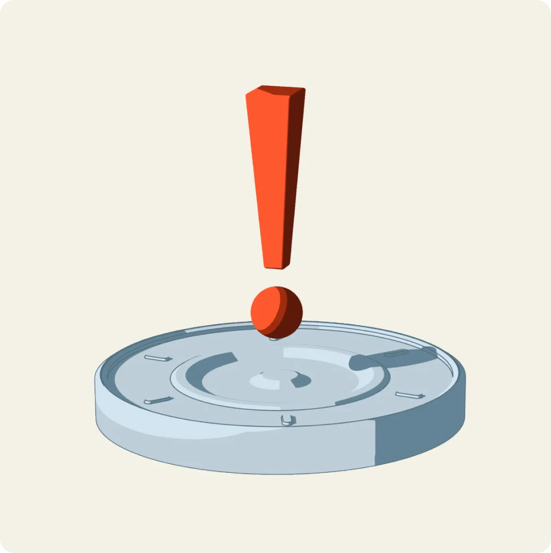 3D illustration of a red exclamation mark hovering above a round, blue-gray circular base with markings.
