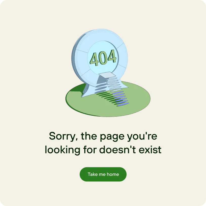 3D illustration of a blue circular portal with the number '404' in the center, a small staircase leading to it, and text below saying 'Sorry, the page you're looking for doesn't exist' with a green button labeled 'Take me home.'