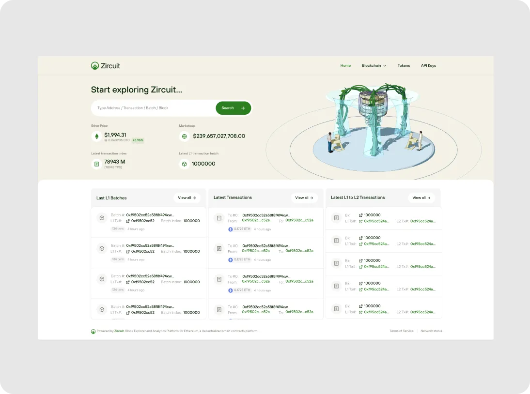 Zircuit blockchain explorer interface showing search bar, Ether price, market cap, latest transaction index, a 3D futuristic structure, and lists of recent batches and transactions.