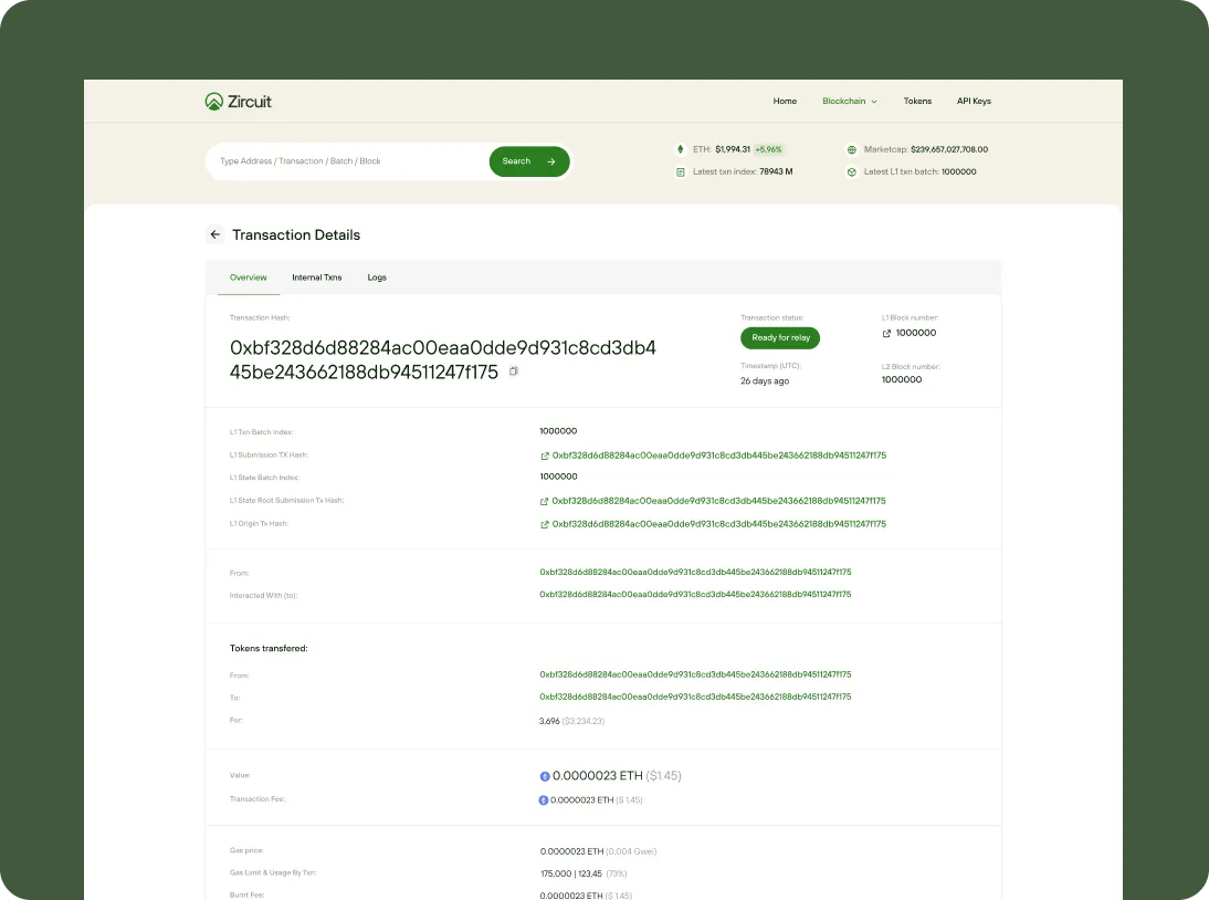 Zircuit blockchain transaction details screen showing transaction hash, status as ready for relay, block numbers, token transfer details, value, fees, and gas price information.