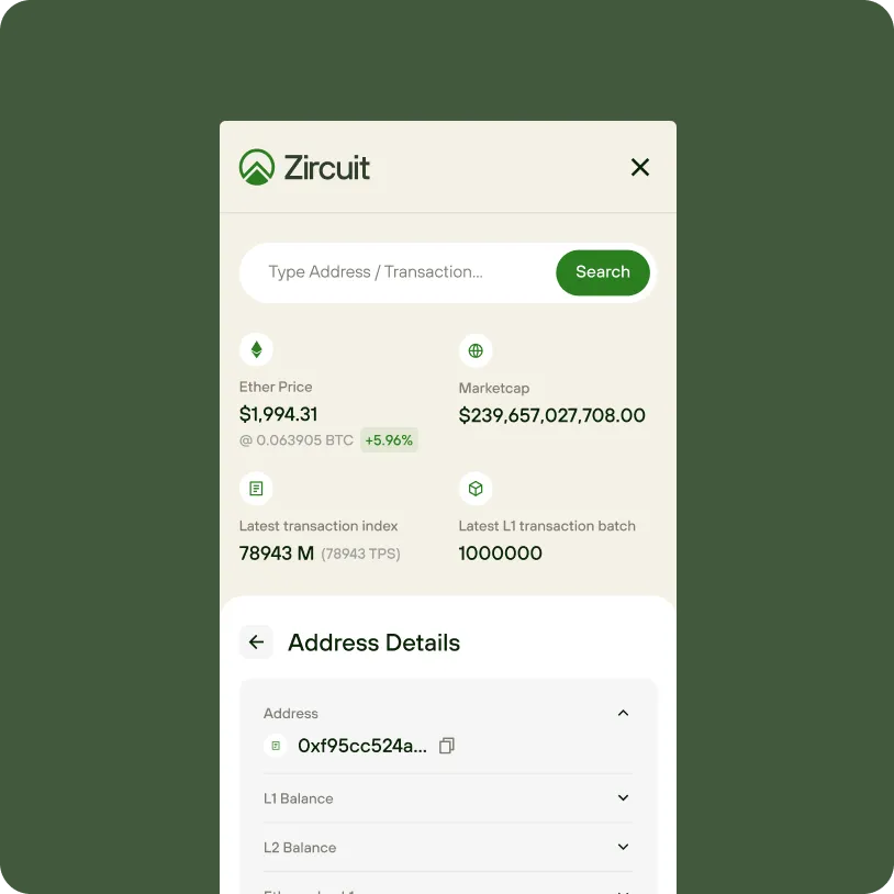 ZircuIt app interface showing Ether price $1,994.31 with 5.96% increase, Marketcap $239 billion, latest transaction index 78,943M, and a search bar to type address or transaction.