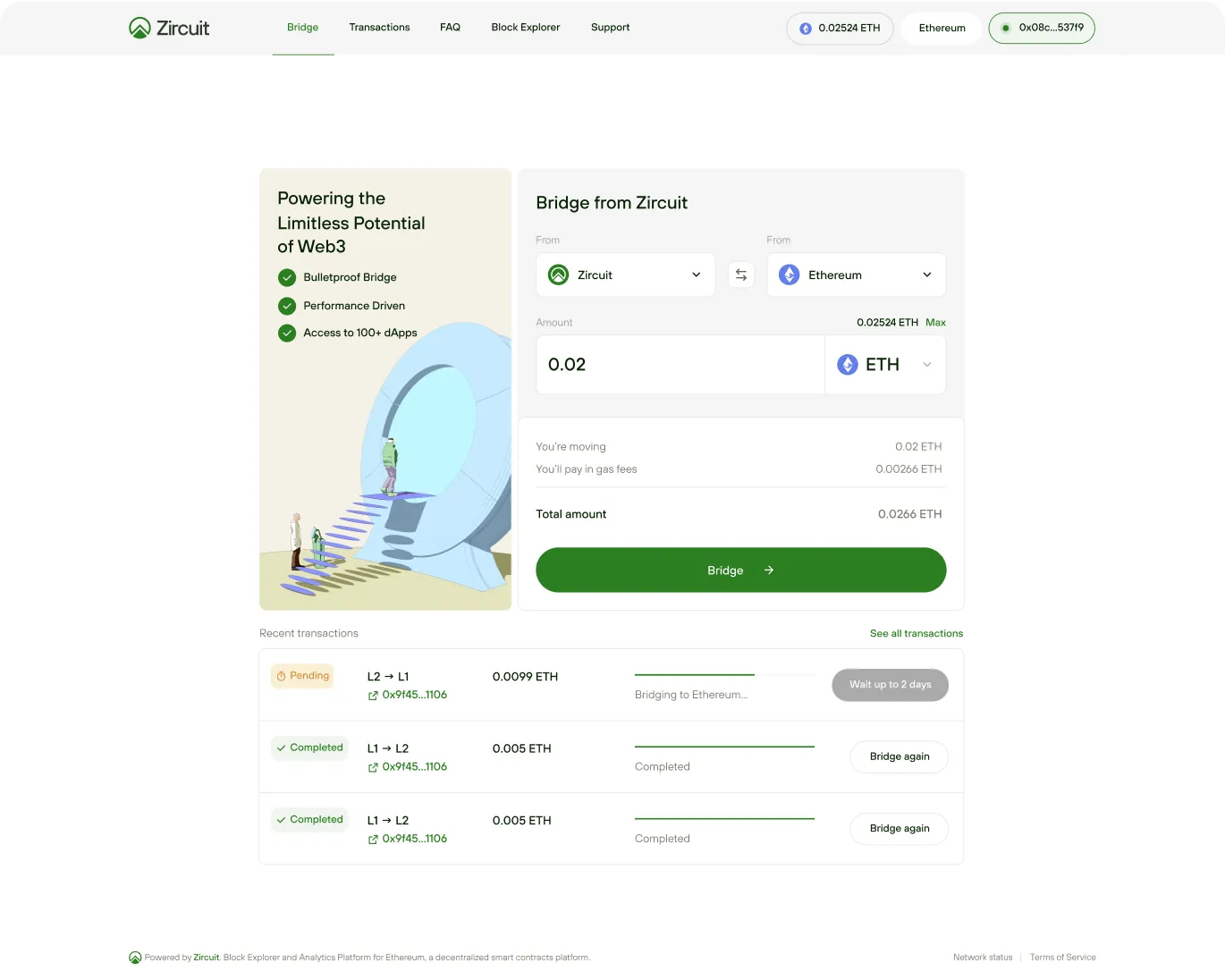 Zircuit web3 bridge interface showing transfer of 0.02 ETH from Zircuit to Ethereum with details on gas fees and recent transaction statuses.