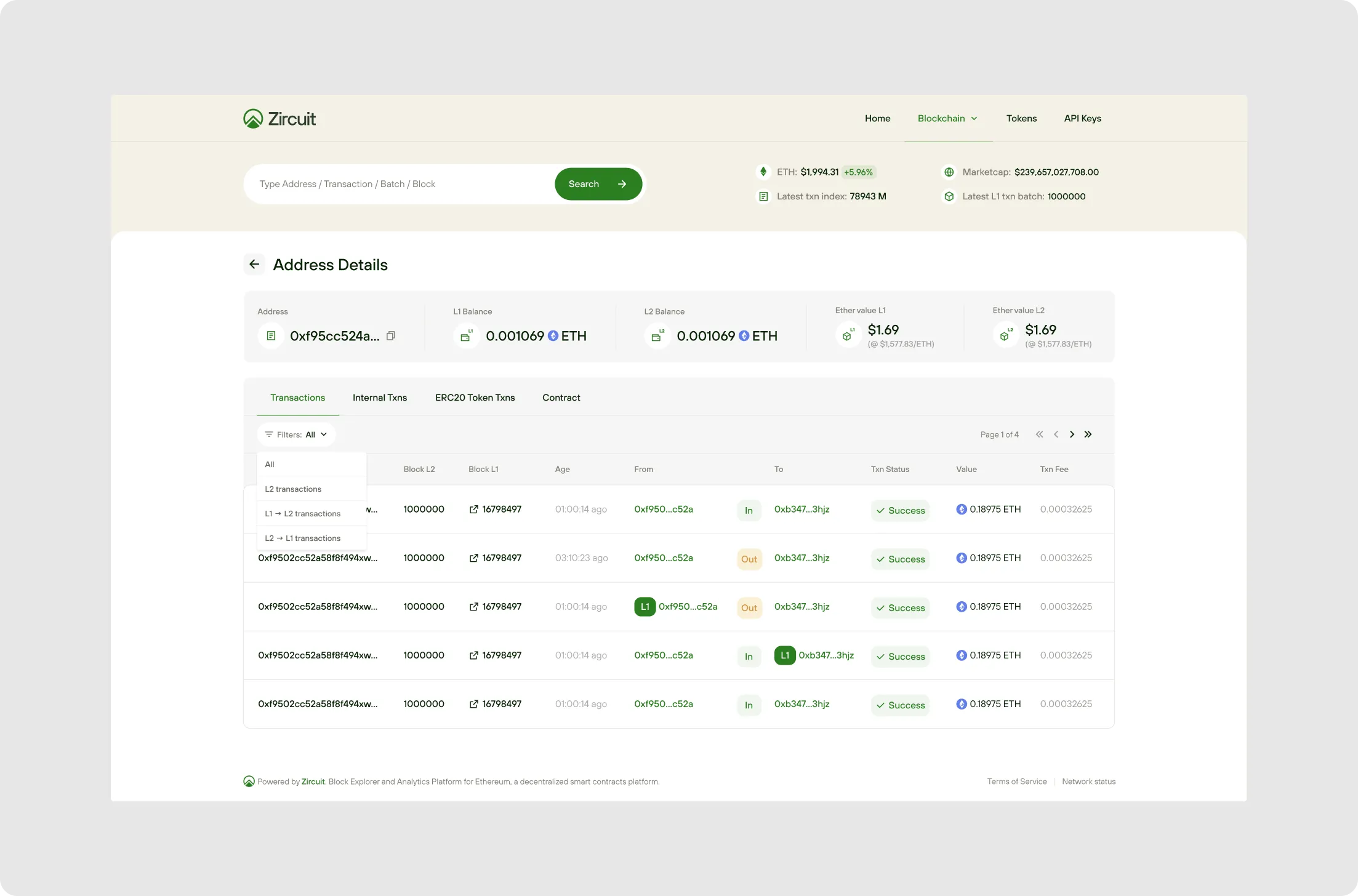 Zircuit blockchain explorer webpage showing Ethereum address details including L1 and L2 balances, ether values, and a transaction list with statuses and fees.