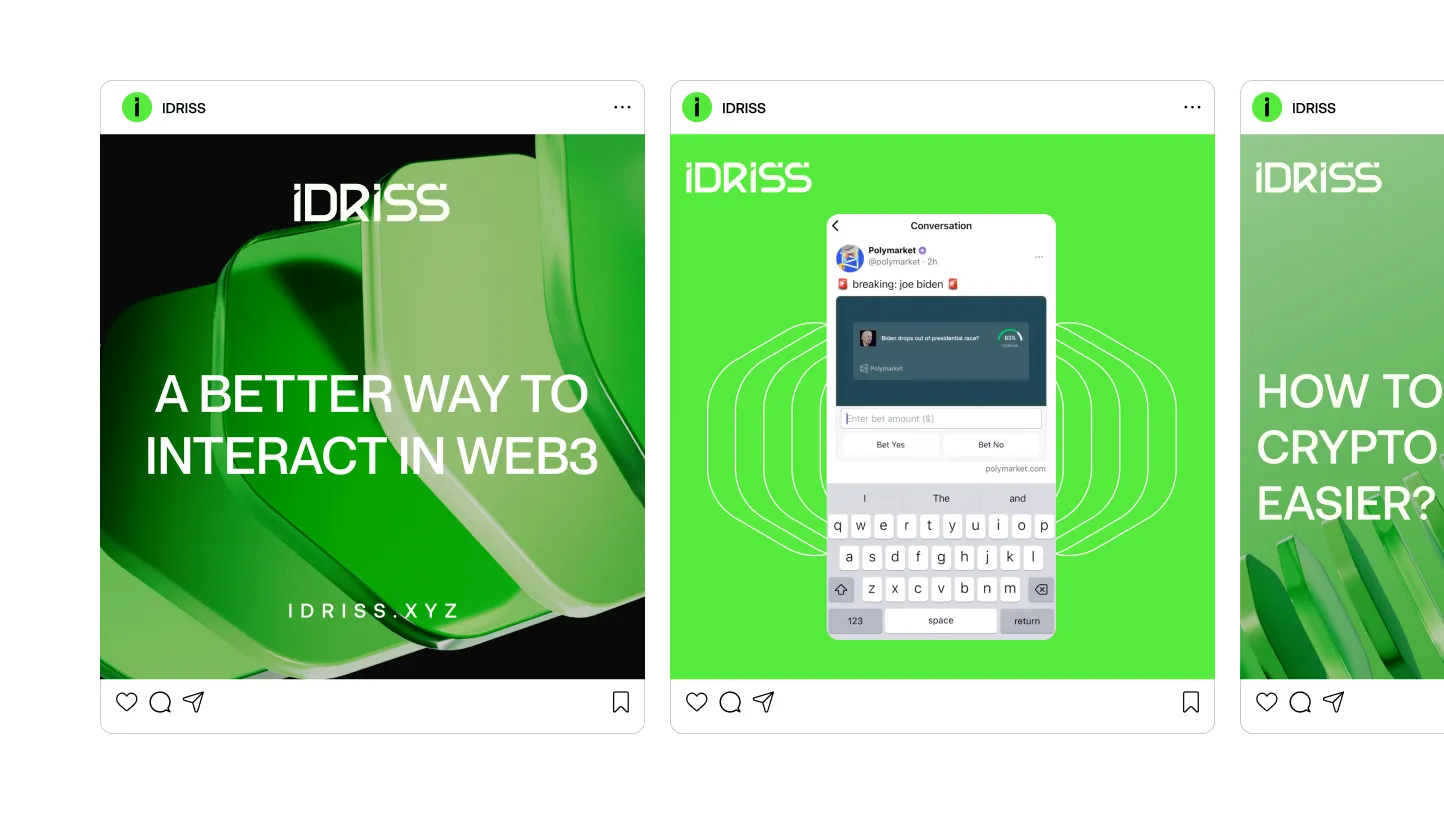 Instagram posts preview for IDRISS showing Web3 interaction and Polymarket conversation about Joe Biden bet options.
