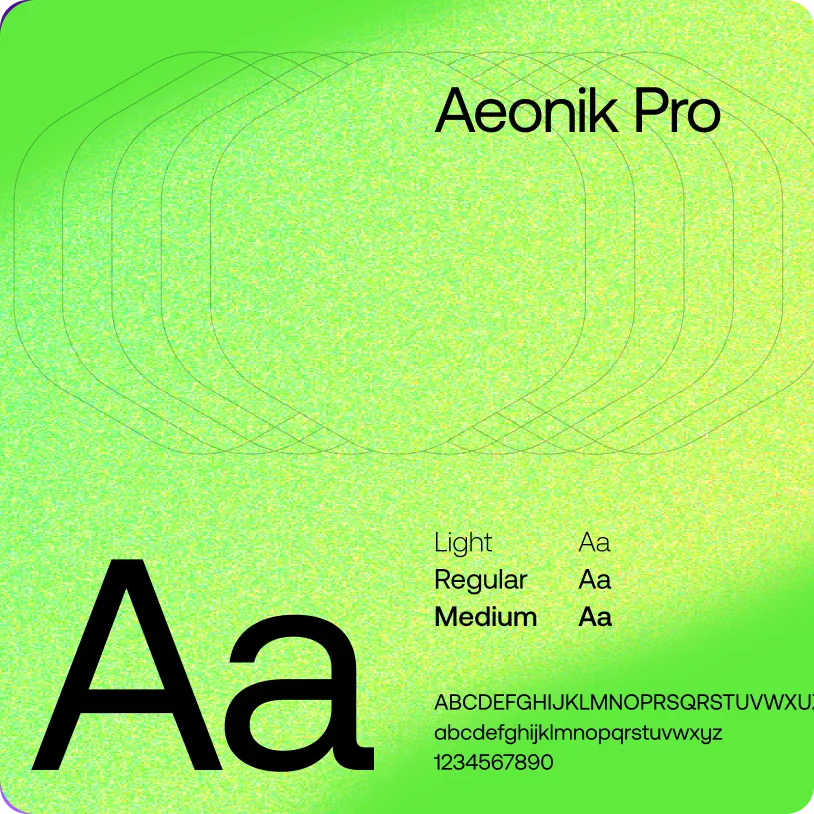 Aeonik Pro font sample showing uppercase and lowercase Aa, font weights Light, Regular, and Medium, with alphabet and numbers 0-9 on a green background.