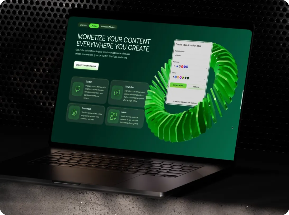 Laptop screen displaying a cryptocurrency content monetization platform interface with options for Twitch, YouTube, Facebook, and more, alongside a green 3D circular ribbon design.