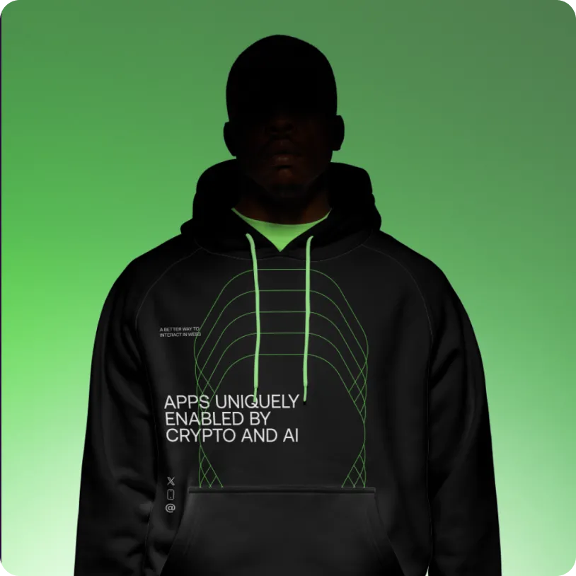 Person wearing black hoodie with text 'Apps uniquely enabled by crypto and AI' and green curved line design on front against green background.