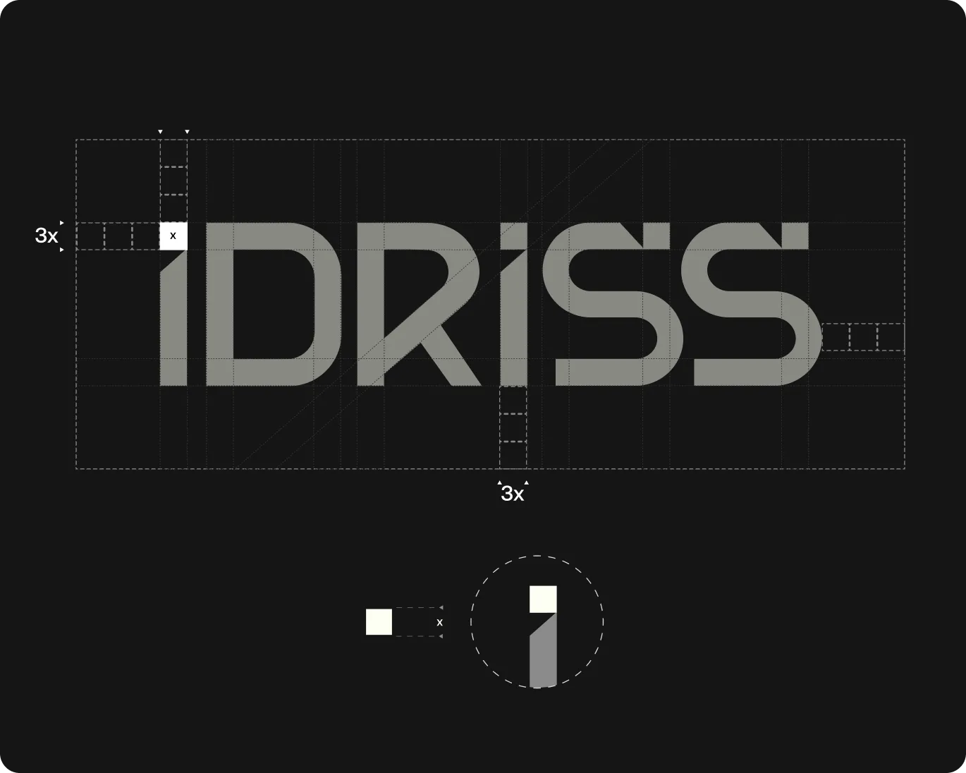 Logo design blueprint for the word 'IDRISS' with precise measurements and spacing guides on a dark background.