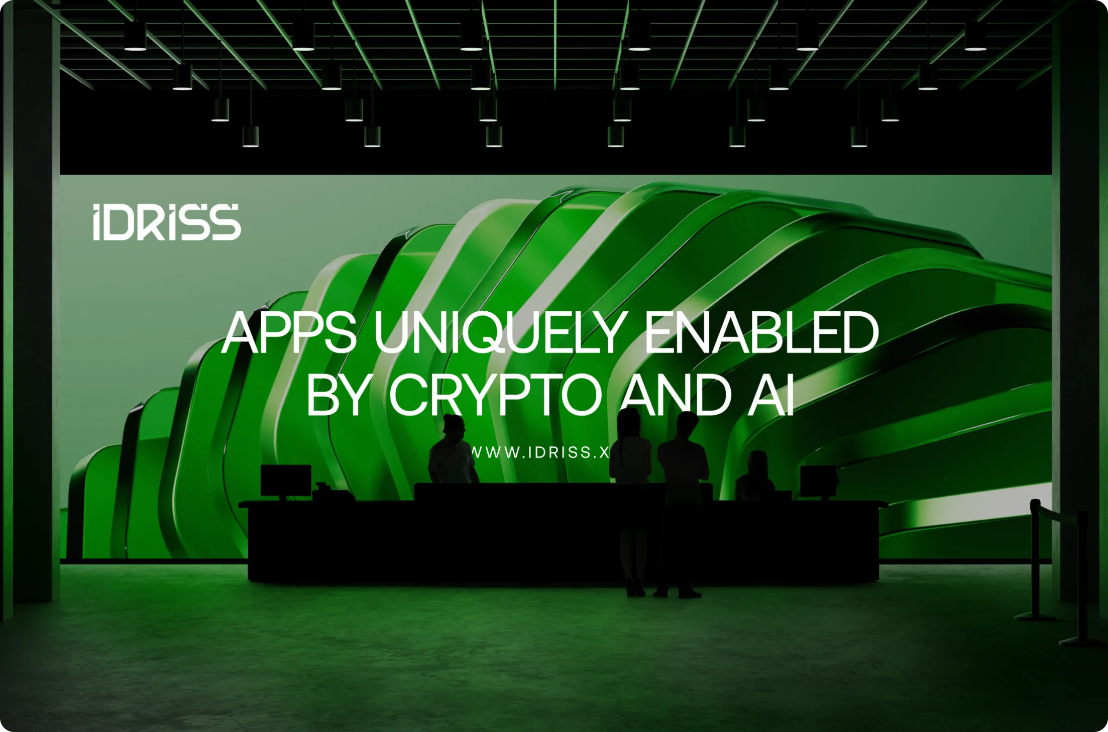 Silhouettes of four people standing behind a counter with a large green abstract design and text reading 'Apps uniquely enabled by crypto and AI' in the background.