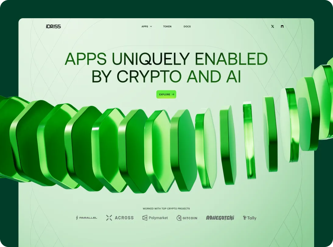 Website homepage banner with green 3D abstract shapes and text reading 'Apps uniquely enabled by crypto and AI' with an explore button and crypto project logos below.