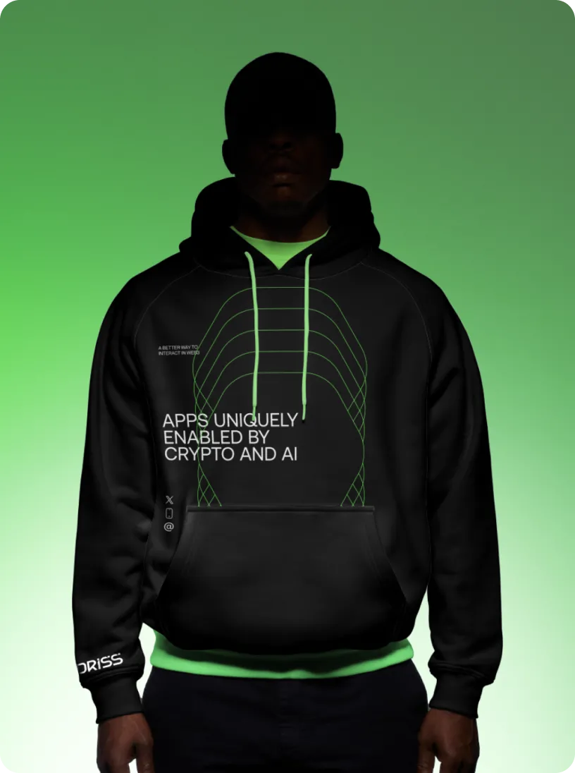 Person wearing a black hoodie with green drawstrings and text reading 'Apps uniquely enabled by crypto and AI' against a green gradient background.