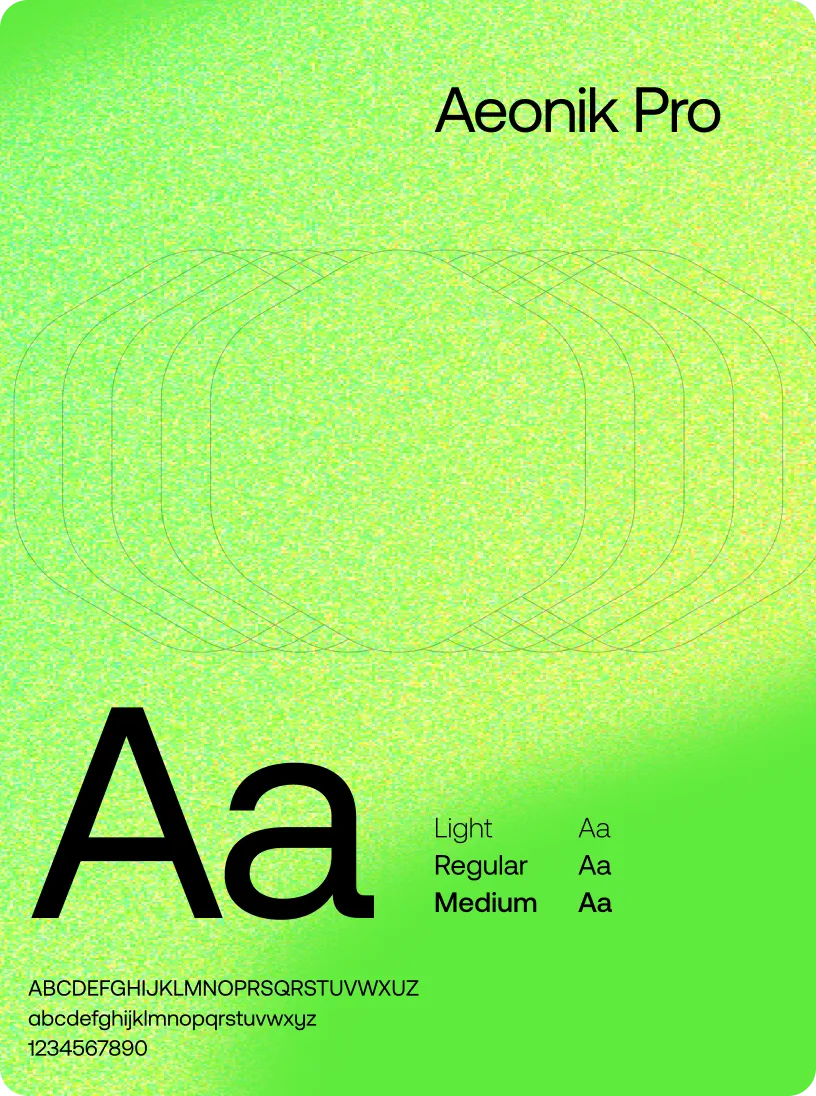 Aeonik Pro font specimen showing uppercase and lowercase Aa in black, font weights Light, Regular, and Medium, and the full alphabet and digits on a green gradient background.