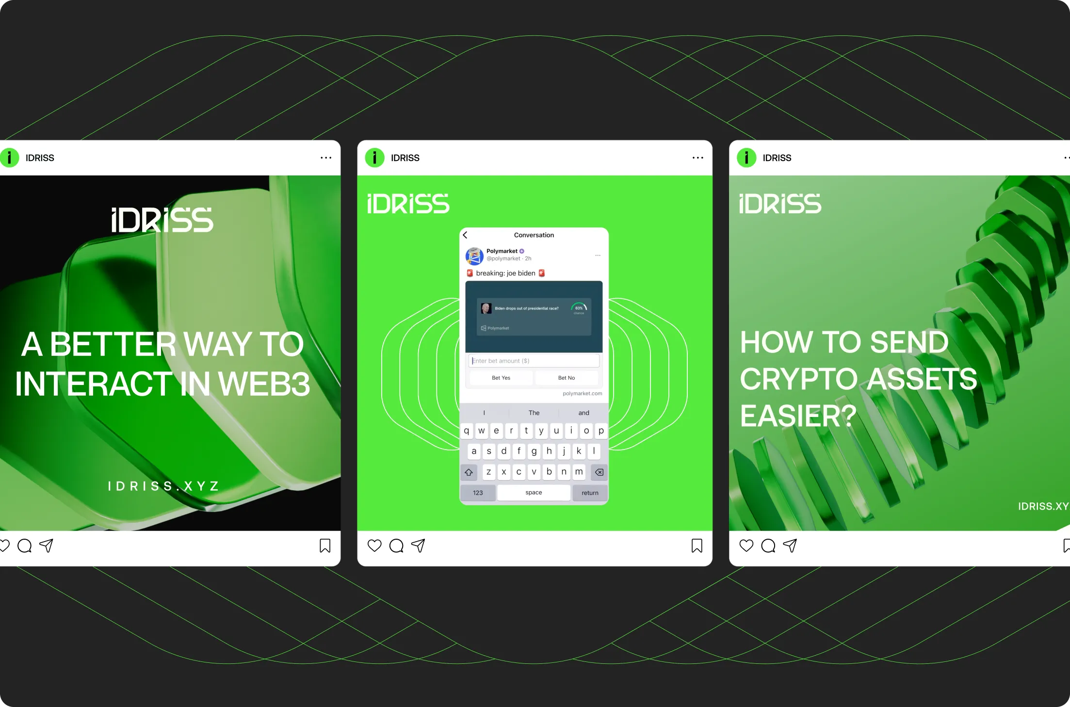 Three digital posts from IDRISS with green-themed abstract backgrounds and text about Web3 interaction and sending crypto assets.