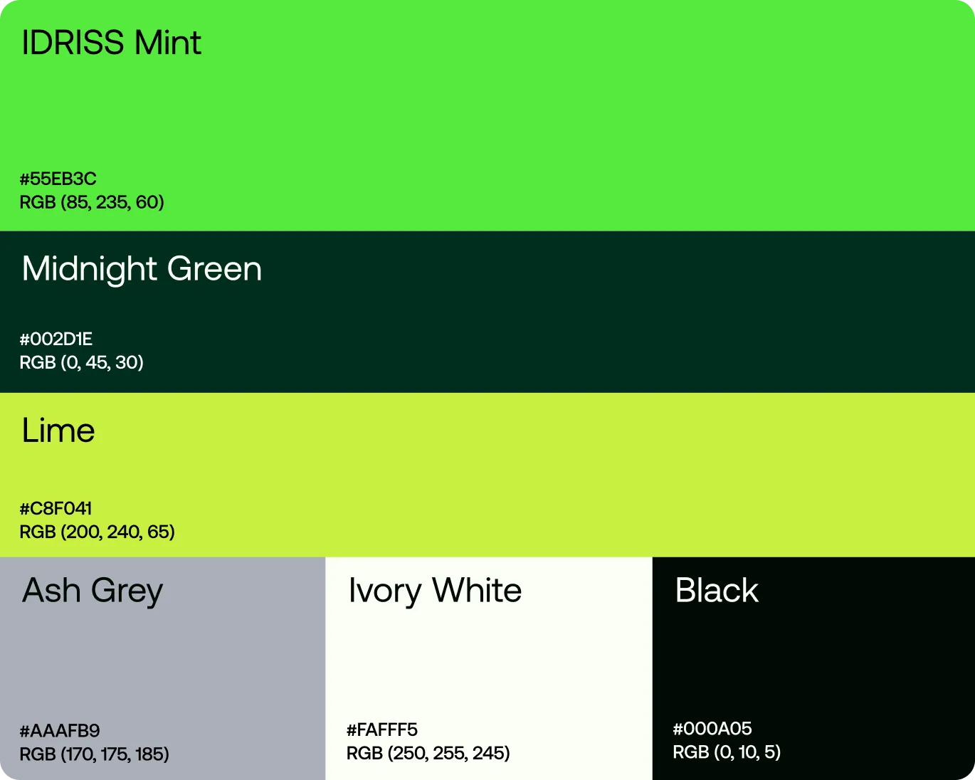 Color palette showing Idriss Mint, Midnight Green, Lime, Ash Grey, Ivory White, and Black with their hex and RGB values.