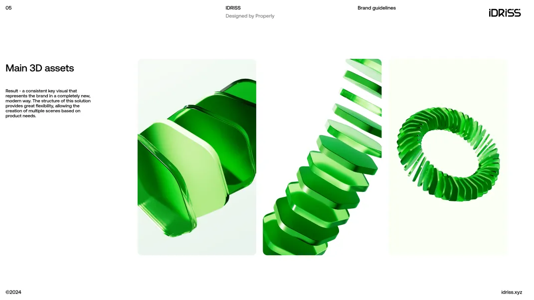 Three green 3D abstract shapes with translucent, layered designs arranged in vertical, diagonal, and circular formations on a white background.