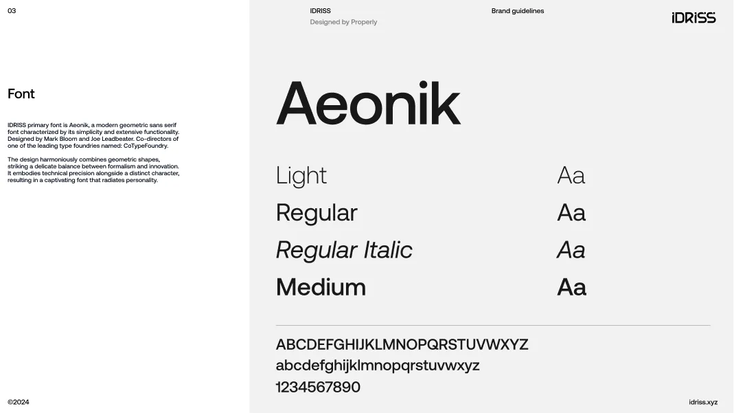 IDRISS brand guidelines page showcasing the Aeonik font family with Light, Regular, Regular Italic, and Medium styles, including uppercase, lowercase letters, and numbers.
