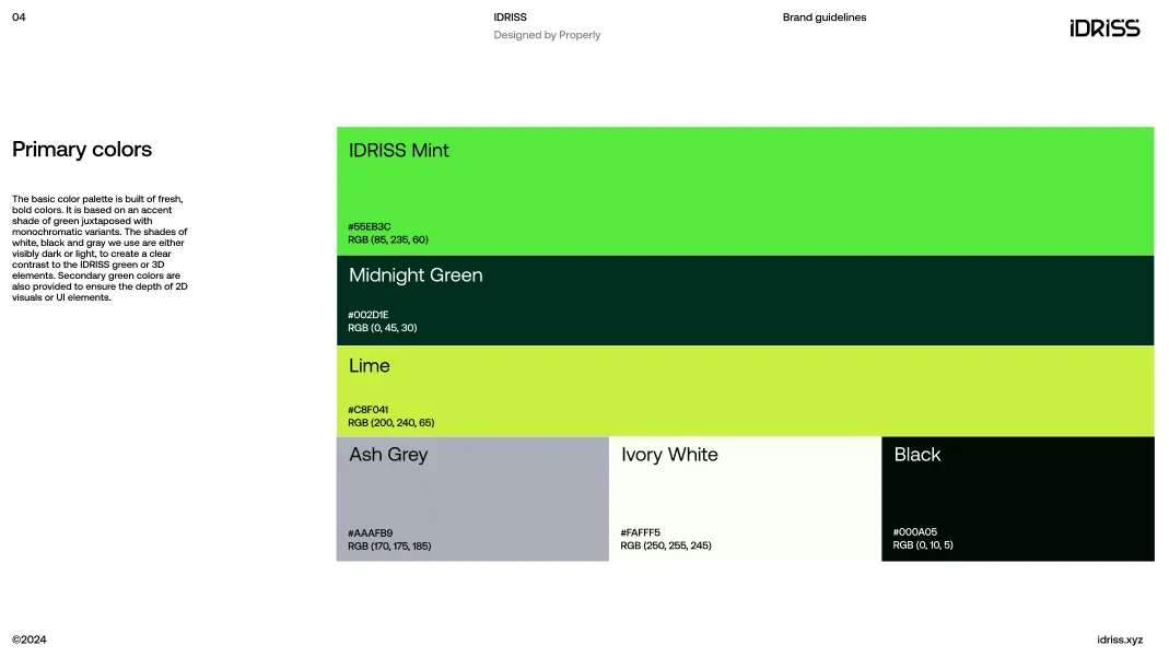 IDRISS brand primary colors palette showing six colors: IDRISS Mint (hex #56EB3C, RGB 86,235,60), Midnight Green (hex #002D1E, RGB 0,45,30), Lime (hex #C8F041, RGB 200,240,65), Ash Grey (hex #AAAFB9, RGB 170,175,185), Ivory White (hex #FAFFF5, RGB 250,255,245), and Black (hex #000A05, RGB 0,10,5).