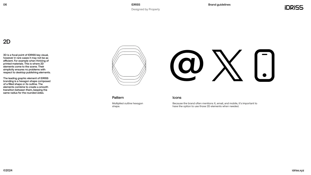 Brand guidelines page showing 2D design elements including a pattern of five overlapping hexagon outlines and icons for email (@), letter X, and mobile phone, with explanatory text about their use in IDRISS branding.