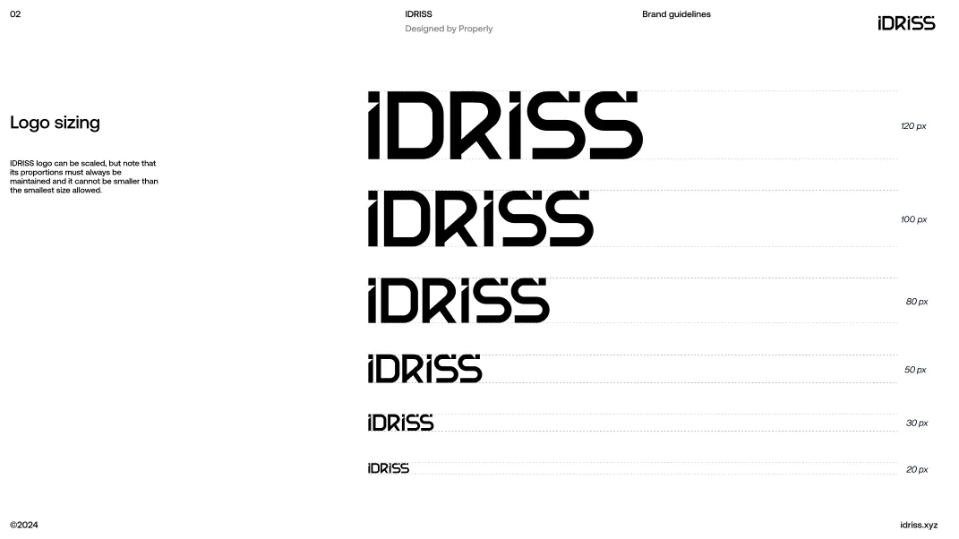 IDRISS logo displayed in six sizes from 120px to 20px height, showing scalable proportions with a note on maintaining minimum size.