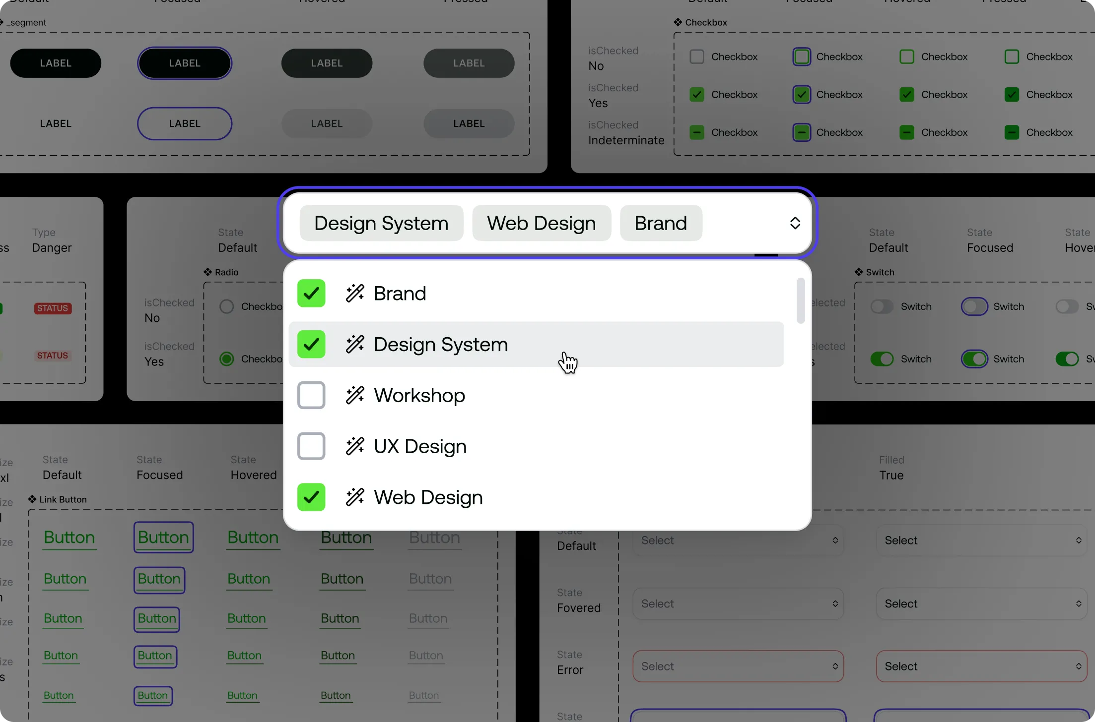 Dropdown menu with multiple tags selected: Design System, Web Design, and Brand, alongside a list with checkboxes for Brand, Design System, Workshop, UX Design, and Web Design.