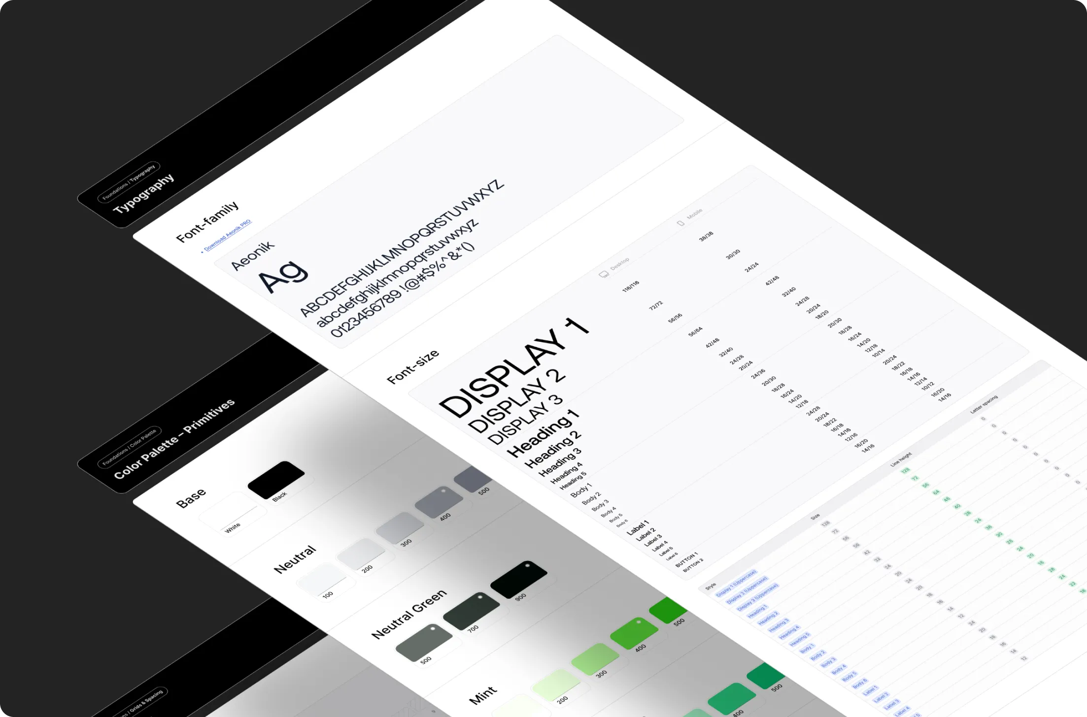Design system interface showing typography styles with Aeonik font samples and font sizes, alongside a color palette with base, neutral, neutral green, and mint shades.