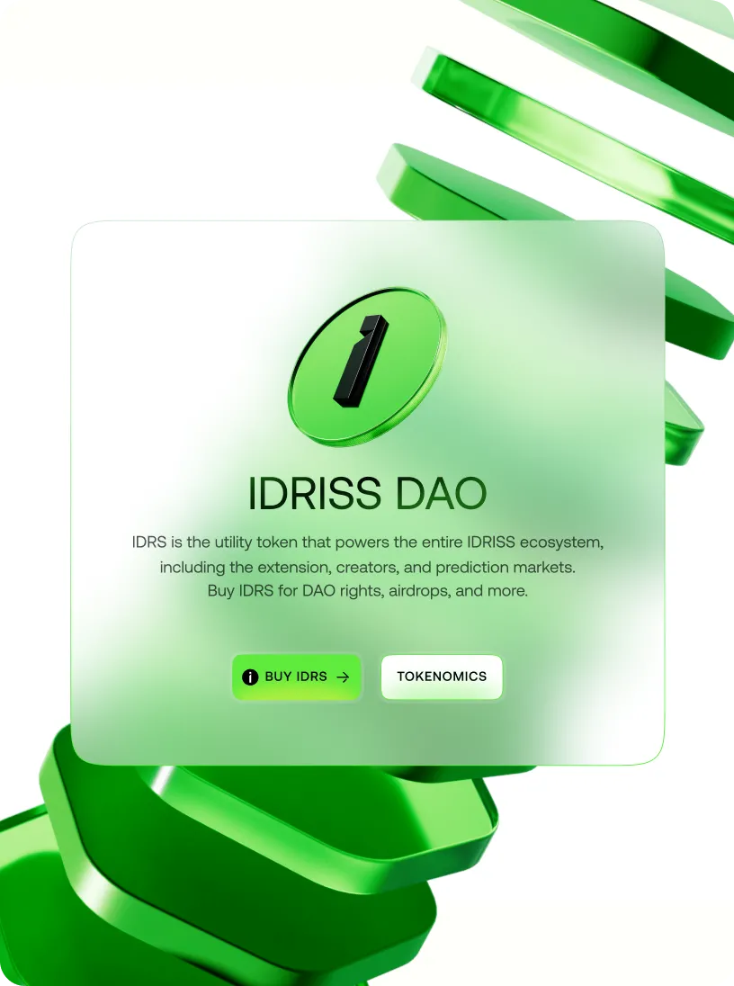 Green circular token with the number 1 and text explaining IDRISS DAO utility token powering the ecosystem, with Buy IDRS and Tokenomics buttons.