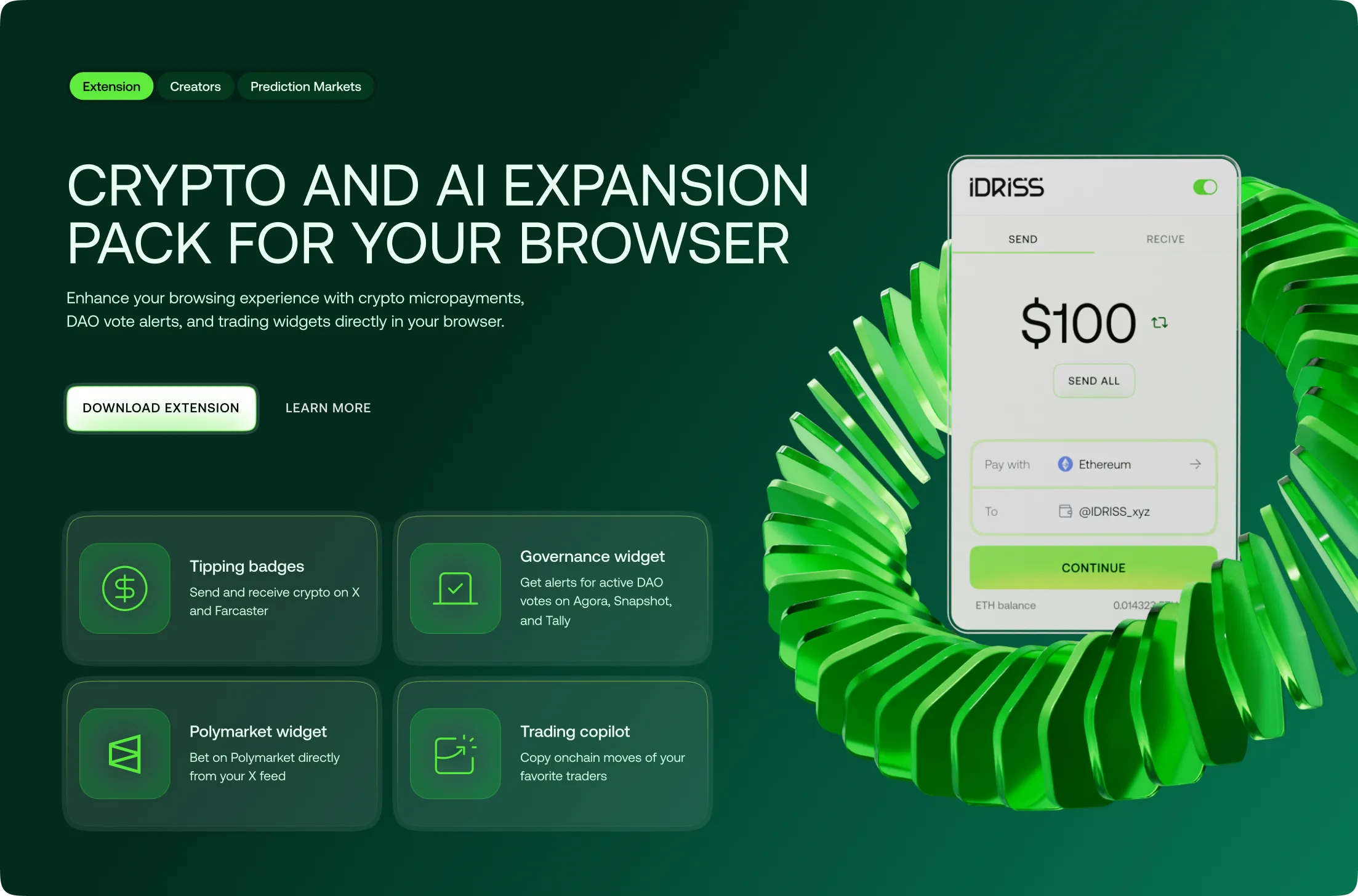 Webpage showing crypto and AI browser extension with features like tipping badges, governance widget, Polymarket widget, and trading copilot alongside a smartphone screen displaying $100 transfer with Ethereum option.