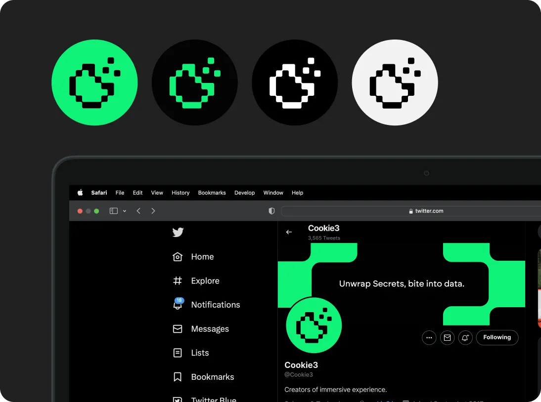 Four pixelated cookie icons in different color schemes above a Twitter profile page for Cookie3 with the tagline 'Unwrap Secrets, bite into data.'