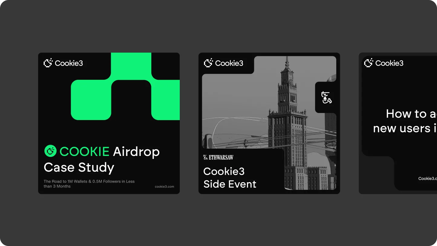 Three panels showing Cookie3 branding: left panel titled COOKIE Airdrop Case Study with green and black design; middle panel titled Cookie3 Side Event with grayscale image of a tall clock tower; right panel partially visible with Cookie3 logo and text about new users.
